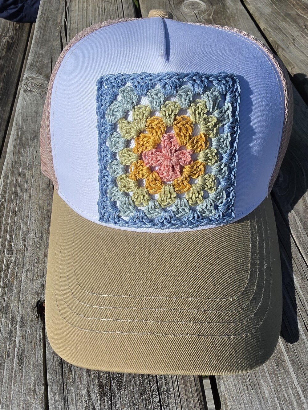 Crochet Patch Trucker Hat in Pastel Blue, Pink & Tan